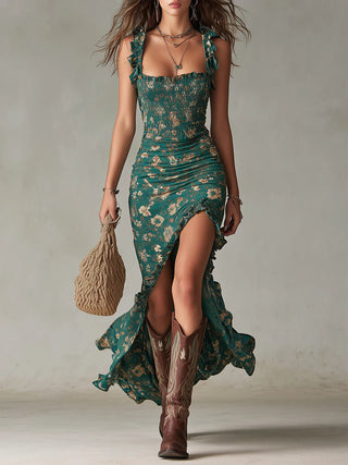 Robe Maxy Imprimée Verte Bohémienne avec Manches Ruffle
