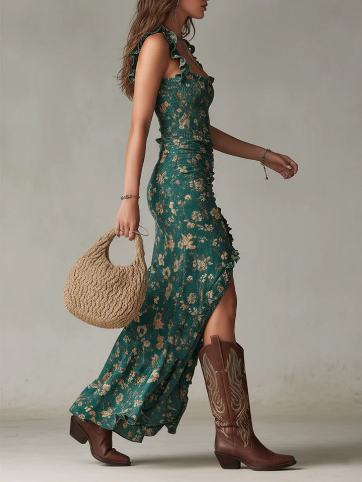 Robe Maxy Imprimée Verte Bohémienne avec Manches Ruffle