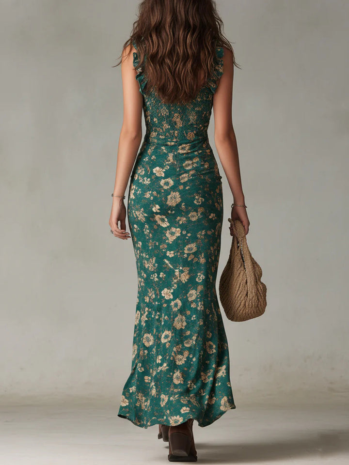 Robe Maxy Imprimée Verte Bohémienne avec Manches Ruffle