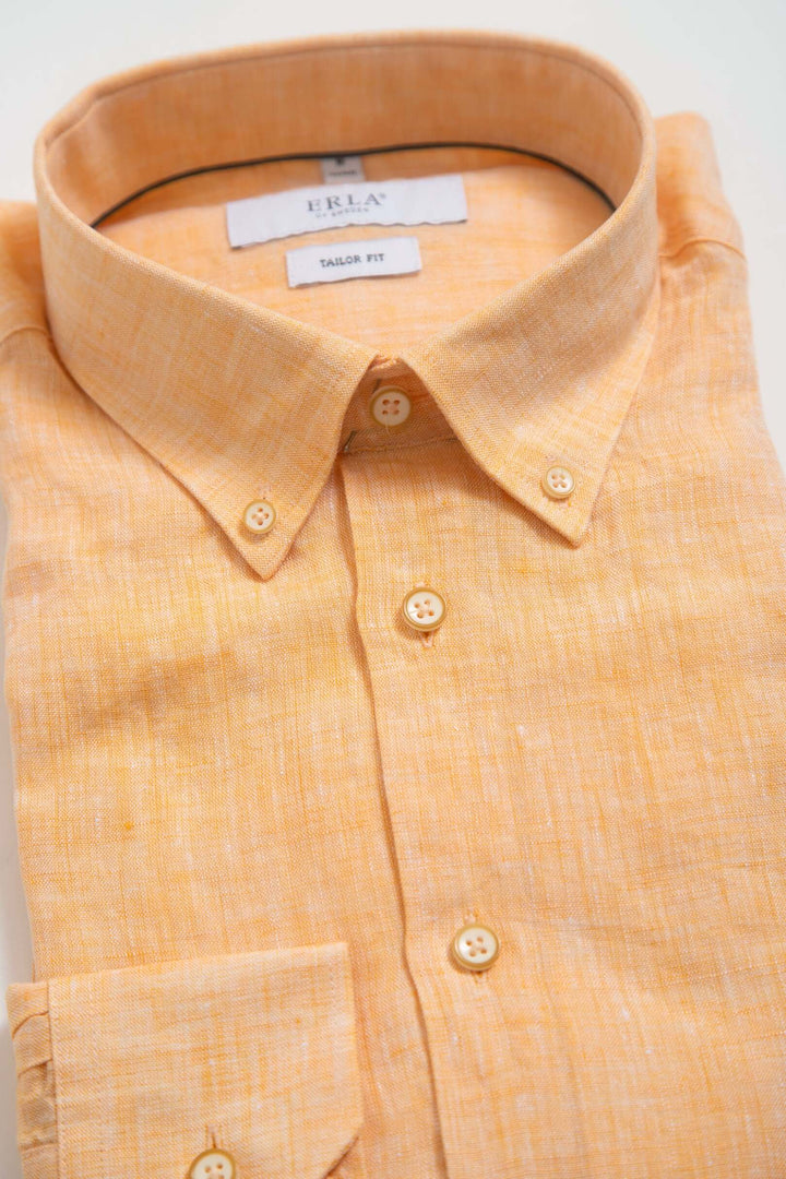 Chemise en Lin Orange à Col Boutonné