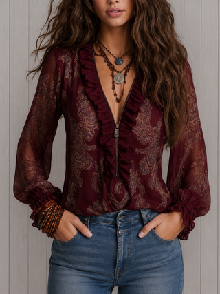 Elise | Blouse en Chiffon avec Volants Baroque Paisley