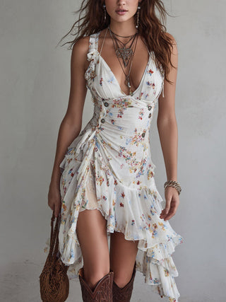Robe Mini en Viscose avec Bretelles Fines et Imprimé Floral Rétro