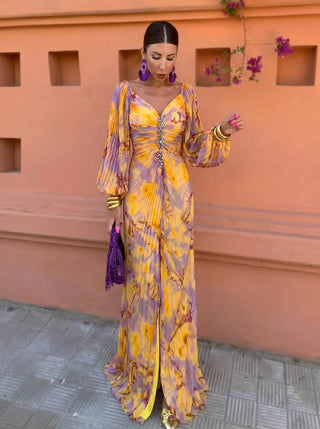 Léonie | Robe longue à motifs floraux et décolleté plongeant